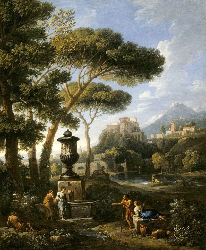 Un paesaggio classico con cinque figure che conversano alla fontana - National Trust